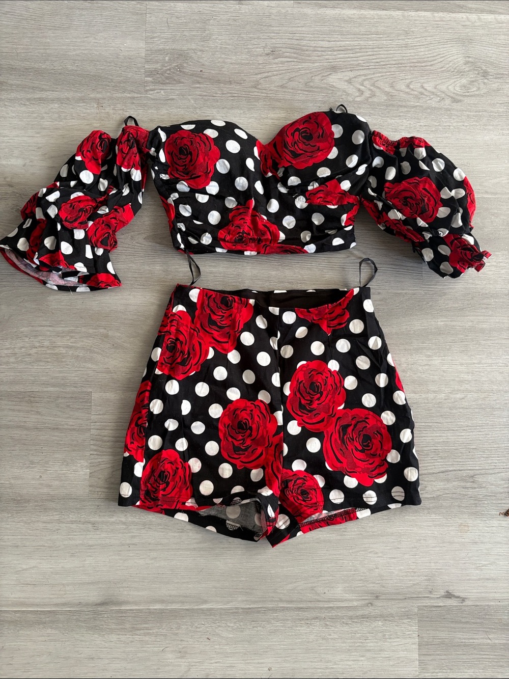 Red Rose & Polka Dot Two-Piece Crop Top and Shorts Set